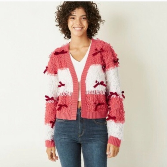 MIGHTY FINE WOMEN'S RED & WHITE BOW CARDIGAN - SIZES S, M, L, XL (NEW WITH TAGS) - Picture 1 of 1